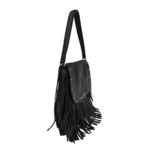 Fringe shoulder bag with flap and fringes in black color LE PANDORINE SS26 - Image 2