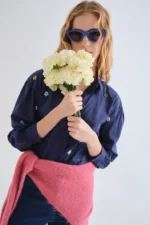 100% cotton navy blue shirt with floral embroidery COMPANIA FANTASTICA FW26-27 - Image 5