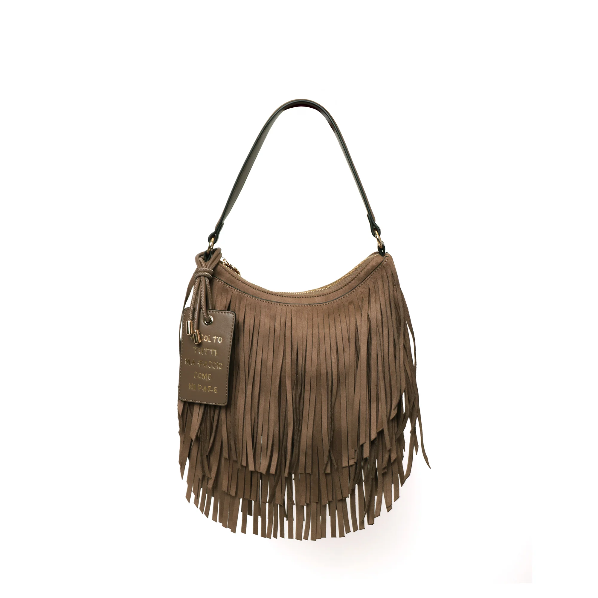 1 Τσάντα ώμου Arizona από σουέτ με μπεζ κρόσσια LE PANDORINE FW26-27 - Image 1